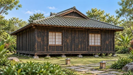 Nhà Gỗ Nhật Bản J102 - Một Tầng Mái Irimoya Hiên Chìa Sâu Cột Tròn, Gỗ Thông Màu Gỗ Cháy Nhà gỗ Nhật J102 – mặt sau hai cửa sổ ô lưới, nhà kê trên chân đá