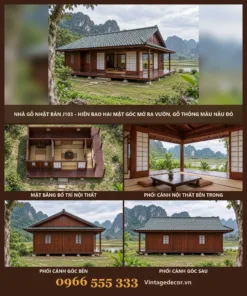 Nhà gỗ Nhật Bản J103 – ảnh ghép phối cảnh, mặt bằng, phòng góc, góc bên và góc sau