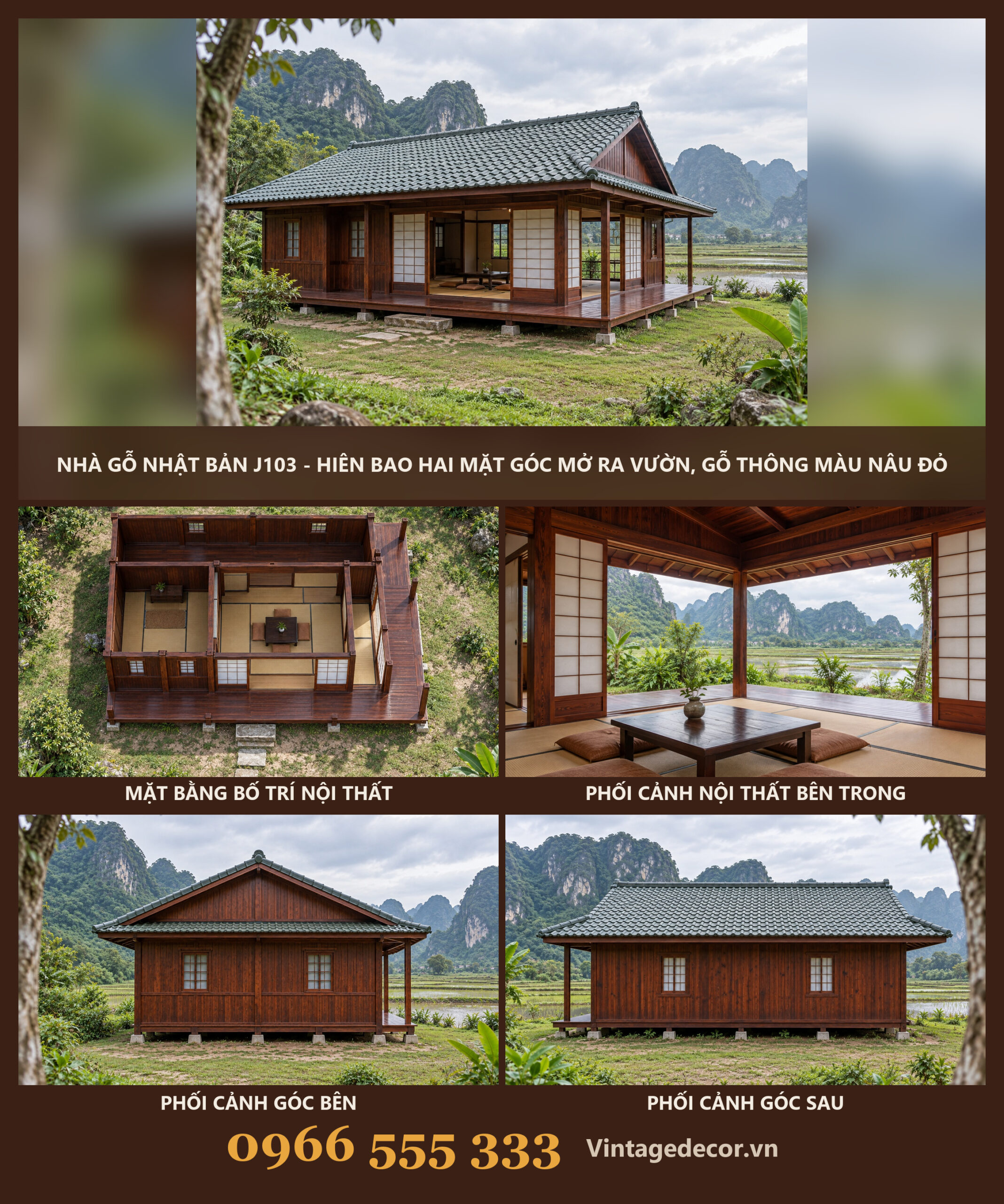 Nhà Gỗ Nhật Bản J103 - Hiên Bao Hai Mặt Góc Mở Ra Vườn, Gỗ Thông Màu Nâu Đỏ Nhà Gỗ Nhật Bản J103 - Hiên Bao Hai Mặt Góc Mở Ra Vườn, Gỗ Thông Màu Nâu Đỏ