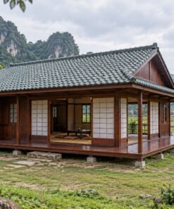 Nhà Gỗ Nhật Bản J103 - Hiên Bao Hai Mặt Góc Mở Ra Vườn, Gỗ Thông Màu Nâu Đỏ