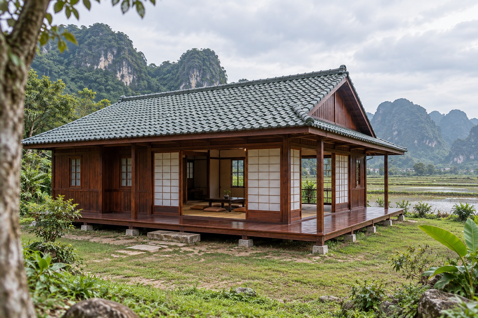 Nhà Gỗ Nhật Bản J103 - Hiên Bao Hai Mặt Góc Mở Ra Vườn, Gỗ Thông Màu Nâu Đỏ Nhà Gỗ Nhật Bản J103 - Hiên Bao Hai Mặt Góc Mở Ra Vườn, Gỗ Thông Màu Nâu Đỏ