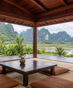 Nhà Gỗ Nhật Bản J103 - Hiên Bao Hai Mặt Góc Mở Ra Vườn, Gỗ Thông Màu Nâu Đỏ