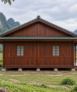 Nhà Gỗ Nhật Bản J103 - Hiên Bao Hai Mặt Góc Mở Ra Vườn, Gỗ Thông Màu Nâu Đỏ