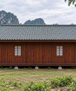 Nhà Gỗ Nhật Bản J103 - Hiên Bao Hai Mặt Góc Mở Ra Vườn, Gỗ Thông Màu Nâu Đỏ