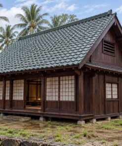 Nhà Gỗ Nhật Bản J104 - Mái Dốc Cao Kiểu Minka Gác Xép Cửa Sổ Lam Đầu Hồi, Gỗ Thông Màu Nâu Cánh Gián