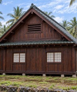 Nhà Gỗ Nhật Bản J104 - Mái Dốc Cao Kiểu Minka Gác Xép Cửa Sổ Lam Đầu Hồi, Gỗ Thông Màu Nâu Cánh Gián