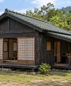Nhà Gỗ Nhật Bản J106 - Mái Phụ Một Bên Làm Hiên Bếp Ngoài, Gỗ Thông Màu Gỗ Cháy