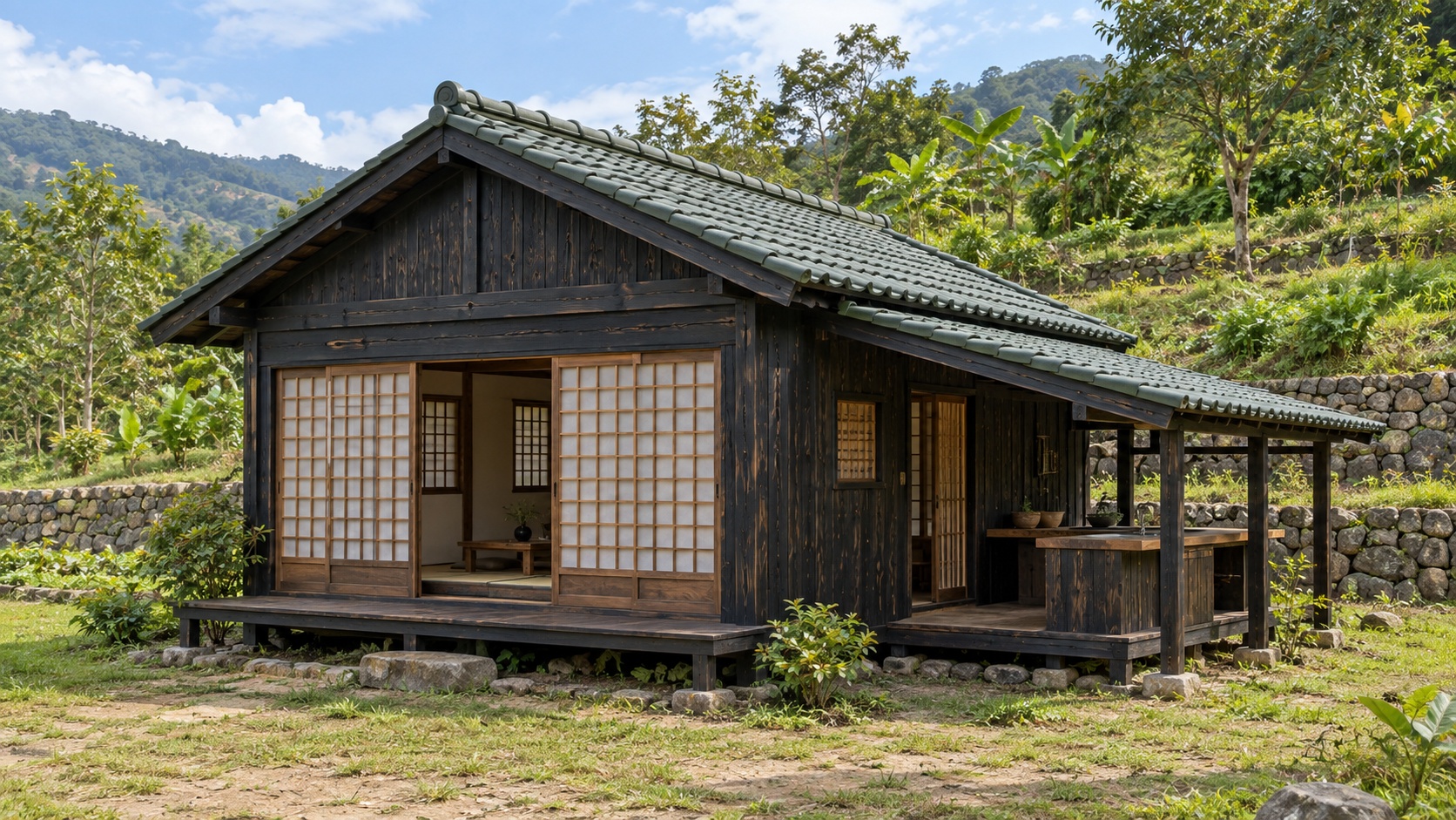 Nhà Gỗ Nhật Bản J106 - Mái Phụ Một Bên Làm Hiên Bếp Ngoài, Gỗ Thông Màu Gỗ Cháy Nhà Gỗ Nhật Bản J106 - Mái Phụ Một Bên Làm Hiên Bếp Ngoài, Gỗ Thông Màu Gỗ Cháy