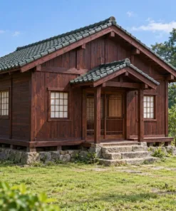 Nhà Gỗ Nhật Bản J107 - Đầu Hồi Ra Trước Sảnh Vào Có Mái Riêng, Gỗ Thông Màu Nâu Đỏ