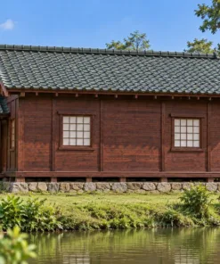 Nhà Gỗ Nhật Bản J107 - Đầu Hồi Ra Trước Sảnh Vào Có Mái Riêng, Gỗ Thông Màu Nâu Đỏ