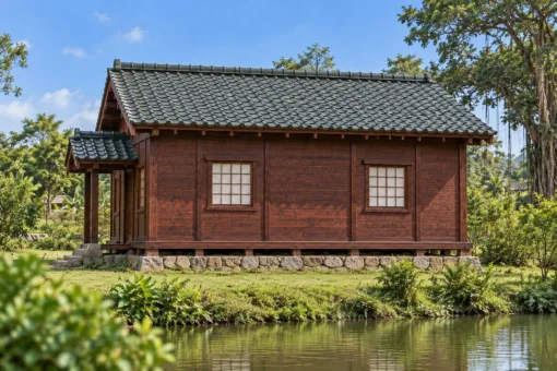 Nhà Gỗ Nhật Bản J107 - Đầu Hồi Ra Trước Sảnh Vào Có Mái Riêng, Gỗ Thông Màu Nâu Đỏ Nhà Gỗ Nhật Bản J107 - Đầu Hồi Ra Trước Sảnh Vào Có Mái Riêng, Gỗ Thông Màu Nâu Đỏ