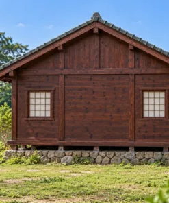 Nhà Gỗ Nhật Bản J107 - Đầu Hồi Ra Trước Sảnh Vào Có Mái Riêng, Gỗ Thông Màu Nâu Đỏ