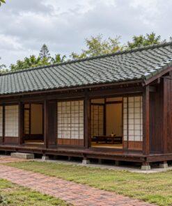 Nhà Gỗ Nhật Bản J108 - Một Tầng Cửa Sổ Tròn Phòng Trà Đầu Hồi, Gỗ Thông Màu Nâu Cánh Gián