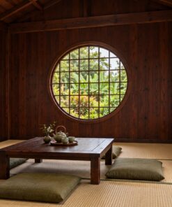 Nhà Gỗ Nhật Bản J108 - Một Tầng Cửa Sổ Tròn Phòng Trà Đầu Hồi, Gỗ Thông Màu Nâu Cánh Gián