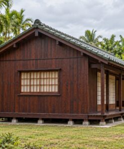 Nhà Gỗ Nhật Bản J108 - Một Tầng Cửa Sổ Tròn Phòng Trà Đầu Hồi, Gỗ Thông Màu Nâu Cánh Gián