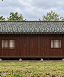 Nhà Gỗ Nhật Bản J108 - Một Tầng Cửa Sổ Tròn Phòng Trà Đầu Hồi, Gỗ Thông Màu Nâu Cánh Gián