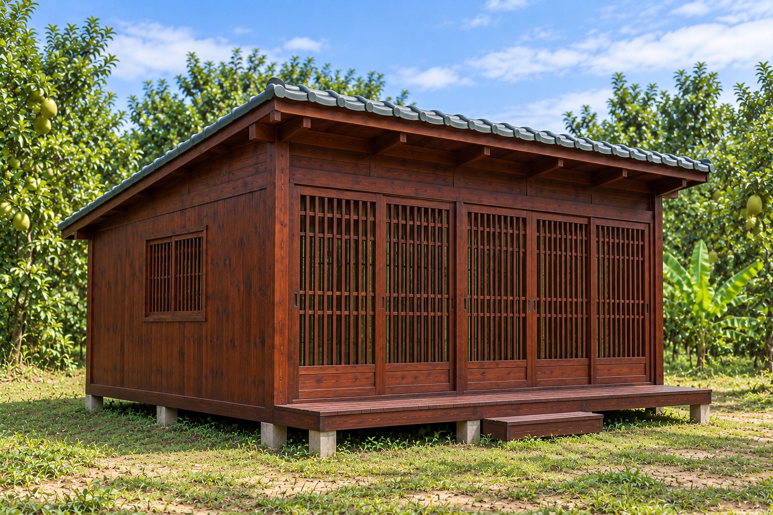 Nhà Gỗ Nhật Bản J111 - Mái Một Dốc Cao Phía Trước Cửa Lùa Suốt Mặt Tiền, Gỗ Thông Màu Nâu Đỏ Nhà Gỗ Nhật Bản J111 - Mái Một Dốc Cao Phía Trước Cửa Lùa Suốt Mặt Tiền, Gỗ Thông Màu Nâu Đỏ