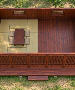 Nhà Gỗ Nhật Bản J111 - Mái Một Dốc Cao Phía Trước Cửa Lùa Suốt Mặt Tiền, Gỗ Thông Màu Nâu Đỏ