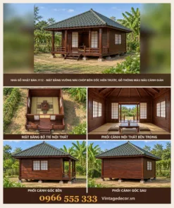 Nhà Gỗ Nhật Bản J112 - Mặt Bằng Vuông Mái Chóp Bốn Dốc Hiên Trước, Gỗ Thông Màu Nâu Cánh Gián
