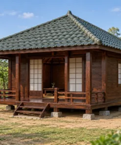 Nhà Gỗ Nhật Bản J112 - Mặt Bằng Vuông Mái Chóp Bốn Dốc Hiên Trước, Gỗ Thông Màu Nâu Cánh Gián