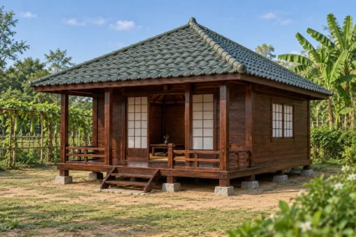 Nhà Gỗ Nhật Bản J112 - Mặt Bằng Vuông Mái Chóp Bốn Dốc Hiên Trước, Gỗ Thông Màu Nâu Cánh Gián Nhà Gỗ Nhật Bản J112 - Mặt Bằng Vuông Mái Chóp Bốn Dốc Hiên Trước, Gỗ Thông Màu Nâu Cánh Gián