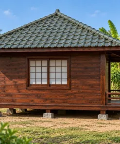 Nhà Gỗ Nhật Bản J112 - Mặt Bằng Vuông Mái Chóp Bốn Dốc Hiên Trước, Gỗ Thông Màu Nâu Cánh Gián