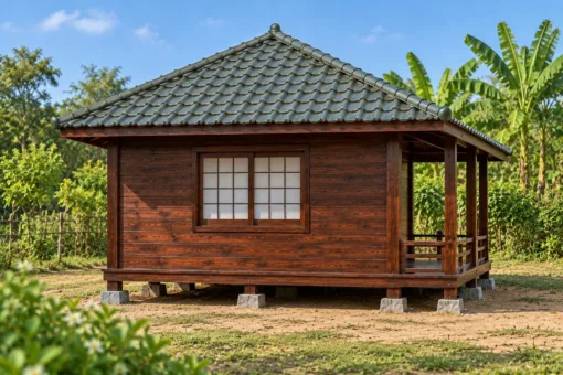 Nhà Gỗ Nhật Bản J112 - Mặt Bằng Vuông Mái Chóp Bốn Dốc Hiên Trước, Gỗ Thông Màu Nâu Cánh Gián Nhà Gỗ Nhật Bản J112 - Mặt Bằng Vuông Mái Chóp Bốn Dốc Hiên Trước, Gỗ Thông Màu Nâu Cánh Gián