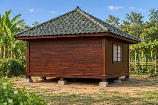 Nhà Gỗ Nhật Bản J112 - Mặt Bằng Vuông Mái Chóp Bốn Dốc Hiên Trước, Gỗ Thông Màu Nâu Cánh Gián Nhà Gỗ Nhật Bản J112 - Mặt Bằng Vuông Mái Chóp Bốn Dốc Hiên Trước, Gỗ Thông Màu Nâu Cánh Gián