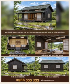 Nhà Gỗ Nhật Bản J114 - Mái Hiên Thấp Tách Dưới Mái Chính Chạy Suốt Mặt Trước, Gỗ Thông Màu Gỗ Cháy