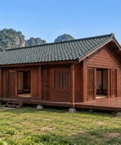 Nhà Gỗ Nhật Bản J115 - Sàn Gỗ Lộ Thiên Rộng Ở Một Đầu Hồi, Gỗ Thông Màu Nâu Đỏ