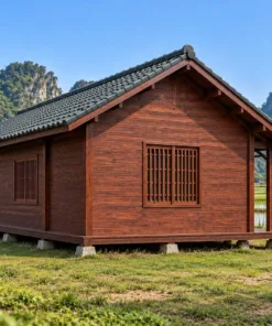 Nhà Gỗ Nhật Bản J115 - Sàn Gỗ Lộ Thiên Rộng Ở Một Đầu Hồi, Gỗ Thông Màu Nâu Đỏ