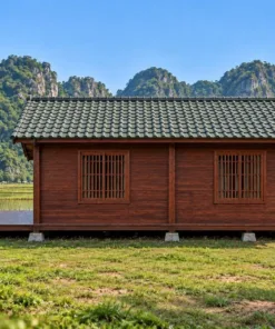 Nhà Gỗ Nhật Bản J115 - Sàn Gỗ Lộ Thiên Rộng Ở Một Đầu Hồi, Gỗ Thông Màu Nâu Đỏ