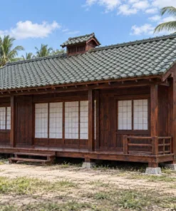 Nhà Gỗ Nhật Bản J116 - Mái Có Chóp Thoát Khói Nhỏ Giữa Nóc, Gỗ Thông Màu Nâu Cánh Gián