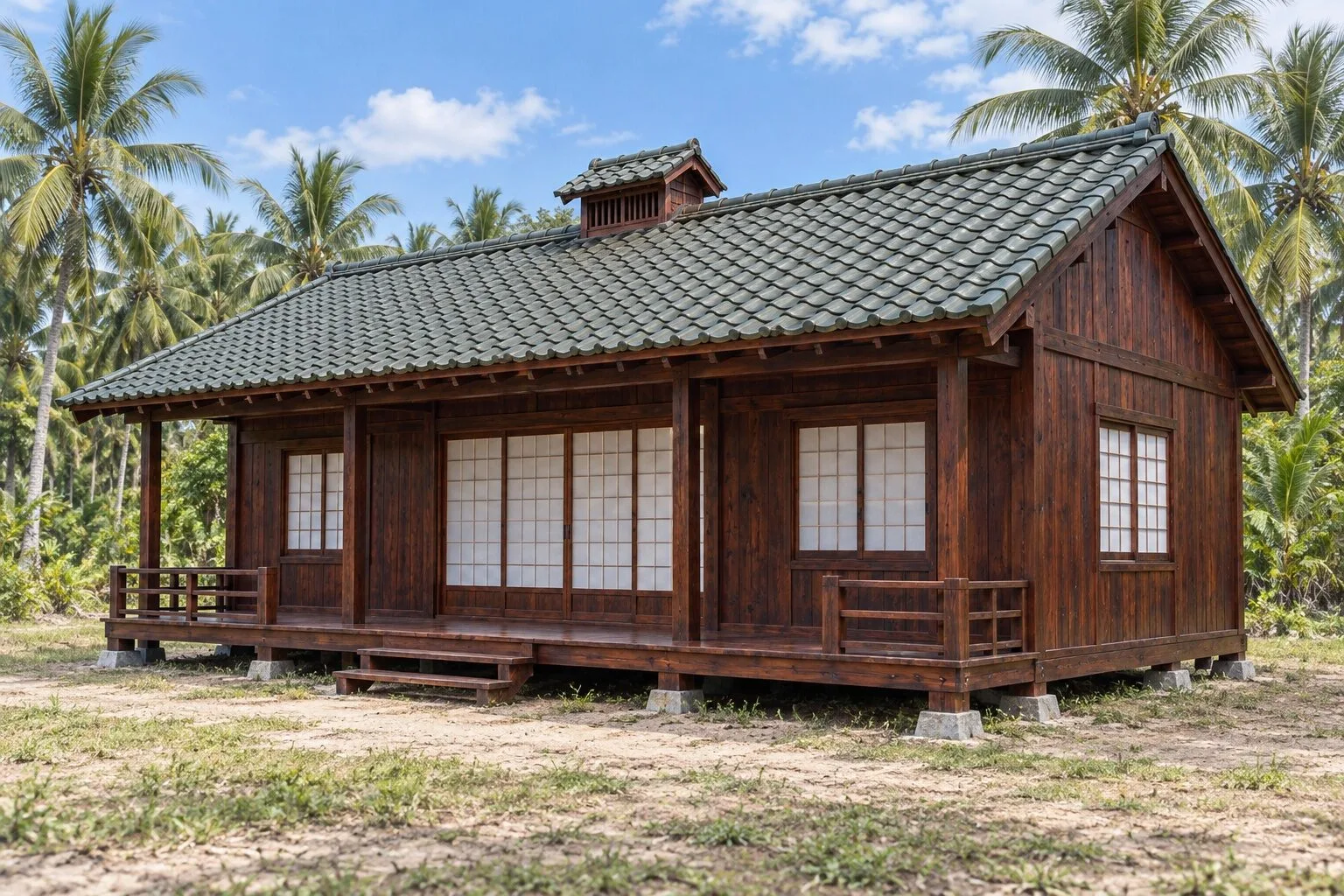 Nhà Gỗ Nhật Bản J116 - Mái Có Chóp Thoát Khói Nhỏ Giữa Nóc, Gỗ Thông Màu Nâu Cánh Gián Nhà Gỗ Nhật Bản J116 - Mái Có Chóp Thoát Khói Nhỏ Giữa Nóc, Gỗ Thông Màu Nâu Cánh Gián