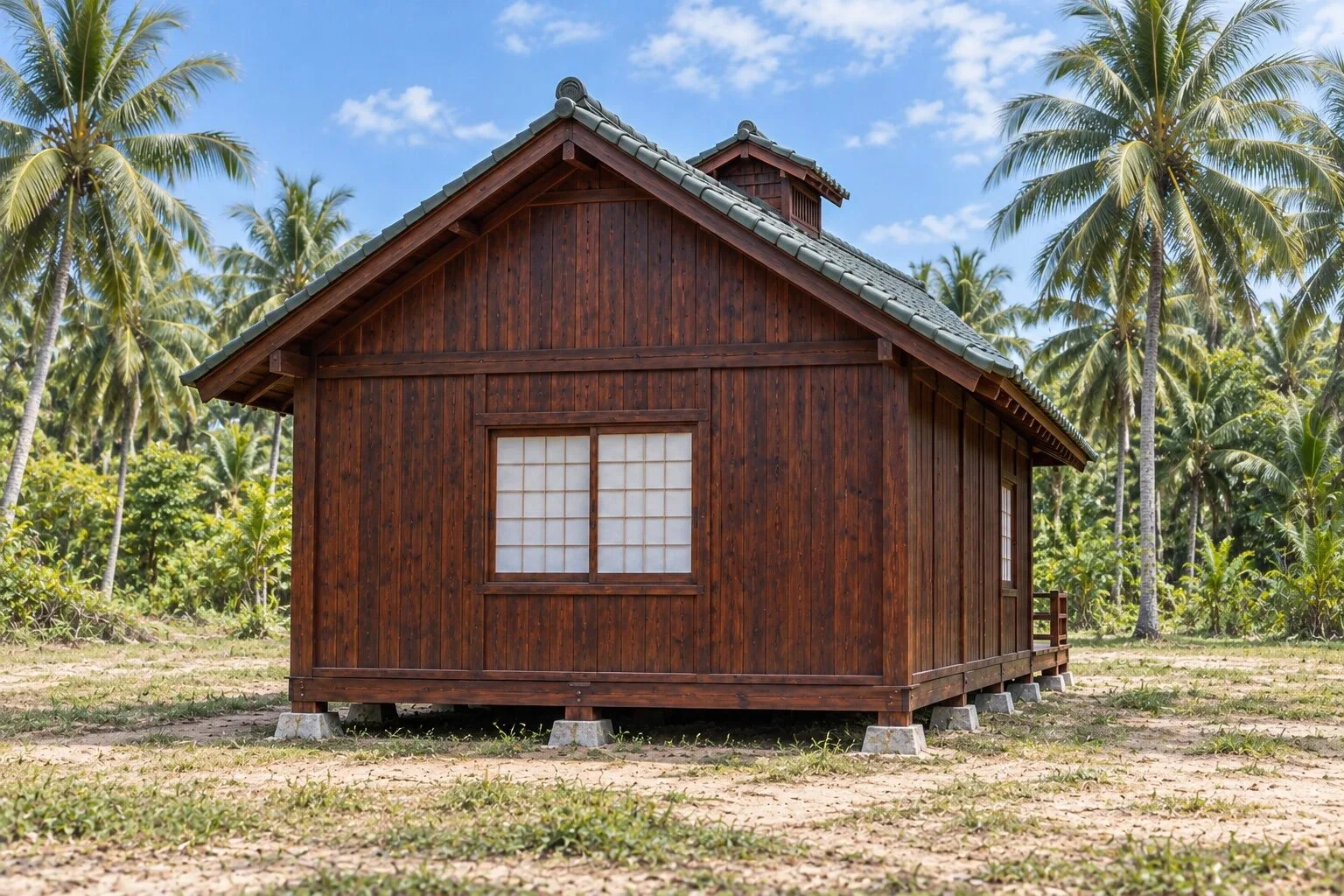 Nhà Gỗ Nhật Bản J116 - Mái Có Chóp Thoát Khói Nhỏ Giữa Nóc, Gỗ Thông Màu Nâu Cánh Gián Nhà Gỗ Nhật Bản J116 - Mái Có Chóp Thoát Khói Nhỏ Giữa Nóc, Gỗ Thông Màu Nâu Cánh Gián