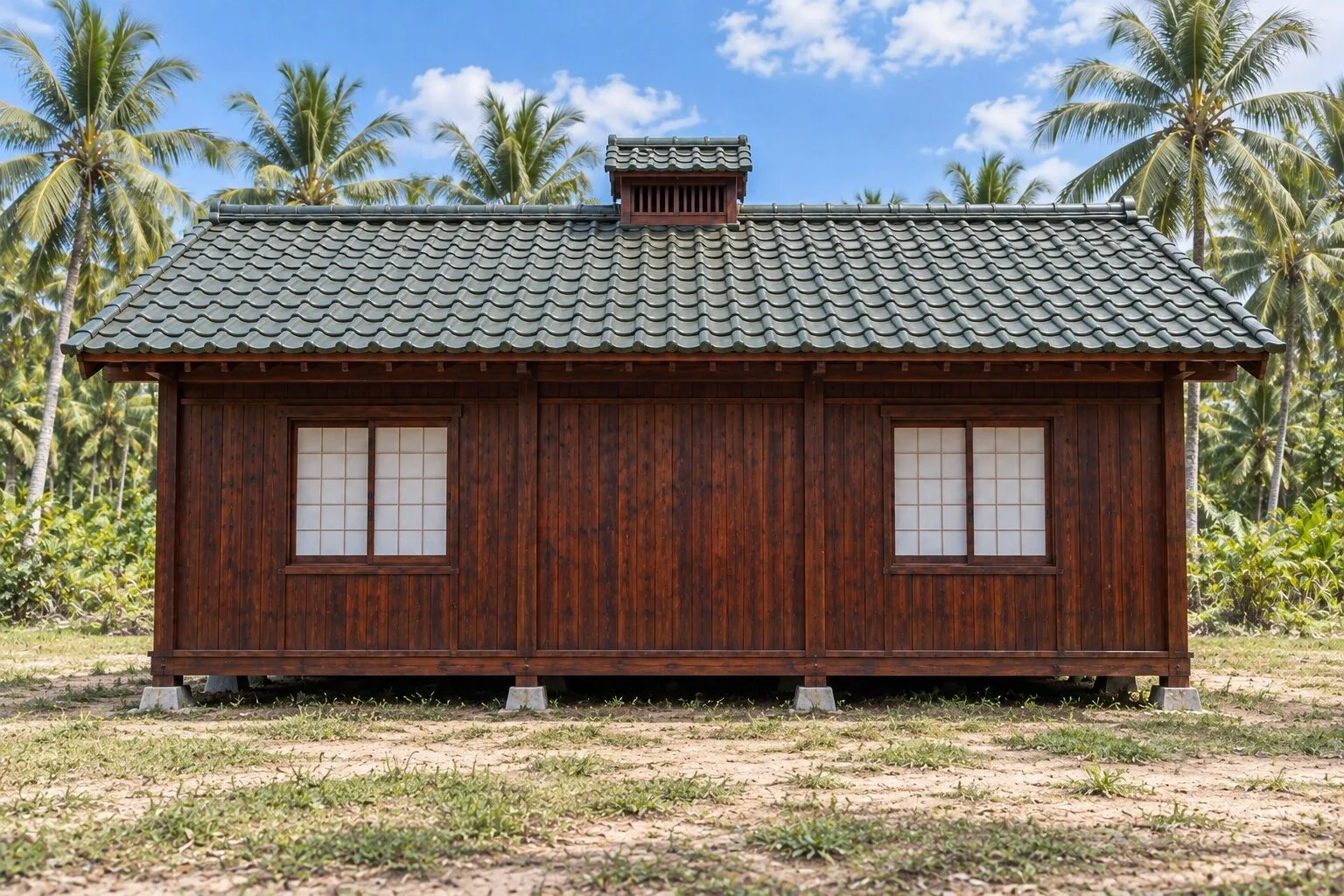 Nhà Gỗ Nhật Bản J116 - Mái Có Chóp Thoát Khói Nhỏ Giữa Nóc, Gỗ Thông Màu Nâu Cánh Gián Nhà Gỗ Nhật Bản J116 - Mái Có Chóp Thoát Khói Nhỏ Giữa Nóc, Gỗ Thông Màu Nâu Cánh Gián