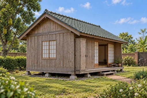 Nhà Gỗ Nhật Bản J117 - Cửa Ván Che Mưa Kéo Dọc Mép Hiên, Gỗ Thông Màu Vintage