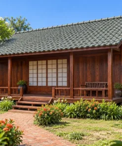 Nhà gỗ Nhật J120 – mái trước kéo dài che hiên trên hàng cột, lối gạch dẫn tới bậc giữa
