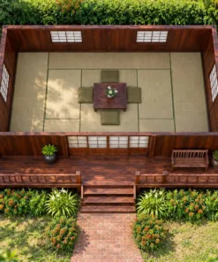 Nhà gỗ Nhật J120 nhìn từ trên – gian chiếu, bàn thấp bốn đệm, hiên chạy dọc mặt trước