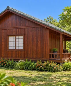 Nhà gỗ Nhật J120 – đầu hồi thấy dốc mái trước dài hơn dốc sau