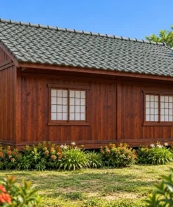 Nhà gỗ Nhật J120 – mặt sau vách ván nâu đỏ, hai cửa sổ ô lưới