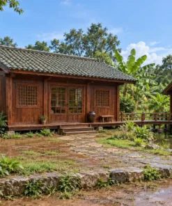 Nhà Gỗ Nhật Bản J124 - Gian Trà Nhỏ Nối Cầu Gỗ Qua Ao, Gỗ Thông Màu Nâu Đỏ