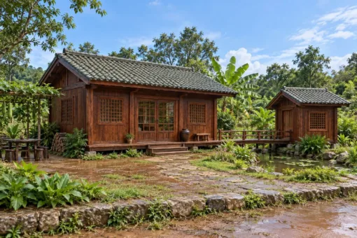 Nhà Gỗ Nhật Bản J124 - Gian Trà Nhỏ Nối Cầu Gỗ Qua Ao, Gỗ Thông Màu Nâu Đỏ Nhà Gỗ Nhật Bản J124 - Gian Trà Nhỏ Nối Cầu Gỗ Qua Ao, Gỗ Thông Màu Nâu Đỏ