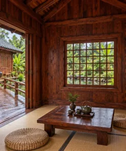 Nhà Gỗ Nhật Bản J124 - Gian Trà Nhỏ Nối Cầu Gỗ Qua Ao, Gỗ Thông Màu Nâu Đỏ