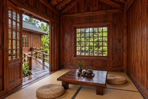 Nhà Gỗ Nhật Bản J124 - Gian Trà Nhỏ Nối Cầu Gỗ Qua Ao, Gỗ Thông Màu Nâu Đỏ Nhà Gỗ Nhật Bản J124 - Gian Trà Nhỏ Nối Cầu Gỗ Qua Ao, Gỗ Thông Màu Nâu Đỏ