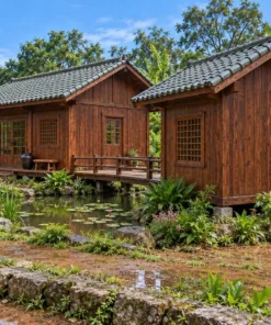 Nhà Gỗ Nhật Bản J124 - Gian Trà Nhỏ Nối Cầu Gỗ Qua Ao, Gỗ Thông Màu Nâu Đỏ