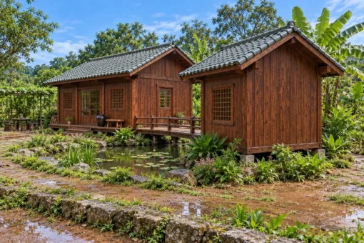 Nhà Gỗ Nhật Bản J124 - Gian Trà Nhỏ Nối Cầu Gỗ Qua Ao, Gỗ Thông Màu Nâu Đỏ Nhà Gỗ Nhật Bản J124 - Gian Trà Nhỏ Nối Cầu Gỗ Qua Ao, Gỗ Thông Màu Nâu Đỏ