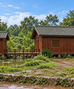 Nhà Gỗ Nhật Bản J124 - Gian Trà Nhỏ Nối Cầu Gỗ Qua Ao, Gỗ Thông Màu Nâu Đỏ