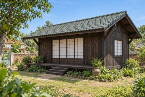 Nhà Gỗ Nhật Bản J125 - Đầu Hồi Chìa Sâu Có Con Sơn Đỡ, Gỗ Thông Màu Gỗ Cháy Nhà Gỗ Nhật Bản J125 - Đầu Hồi Chìa Sâu Có Con Sơn Đỡ, Gỗ Thông Màu Gỗ Cháy