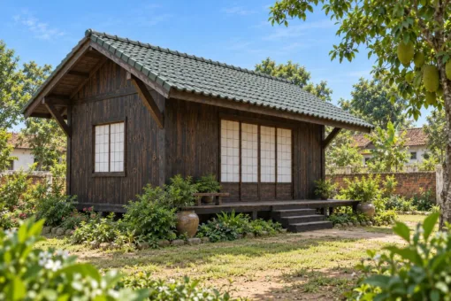 Nhà Gỗ Nhật Bản J125 - Đầu Hồi Chìa Sâu Có Con Sơn Đỡ, Gỗ Thông Màu Gỗ Cháy Nhà Gỗ Nhật Bản J125 - Đầu Hồi Chìa Sâu Có Con Sơn Đỡ, Gỗ Thông Màu Gỗ Cháy